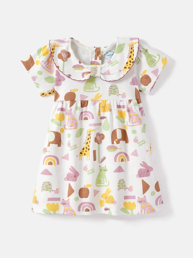 Nautinati Baby Girls' 100% Interlock Cotton Fit & Flare All-over Floral, Rabbit, Tortoise, Giraffe, Fruits Print A-line Dress with Snap Buttons